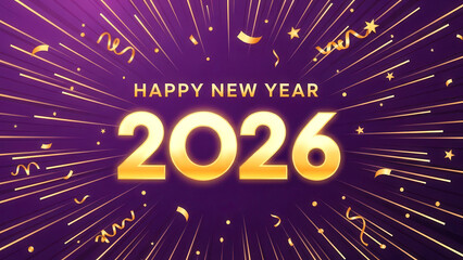Happy New Year 2026 Golden Text with Firework Rays and Confetti on Purple Background | Celebration Design