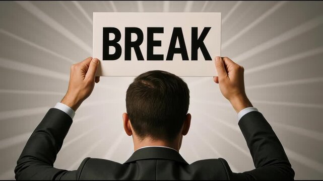 Break pause rest businessperson sign holding board above head to raise message in bright radial backlight conveying relieved workplace respite and focused pause