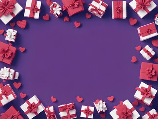Obraz premium Bright purple copy-space background framed with red and white gift boxes and heart confetti, ideal for Valentine’s Day and romantic sale designs.