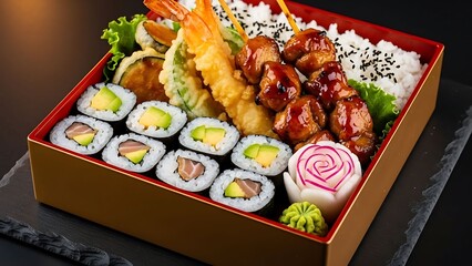 Japanese sushi box with maki nigiri tempura and rice.
