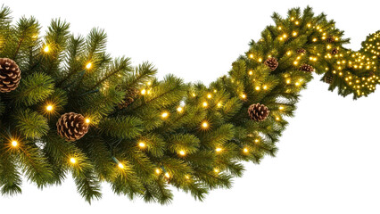 Christmas Pine Garland with Lights and Pine Cones on transparent background | christmas decoration on a white background | 