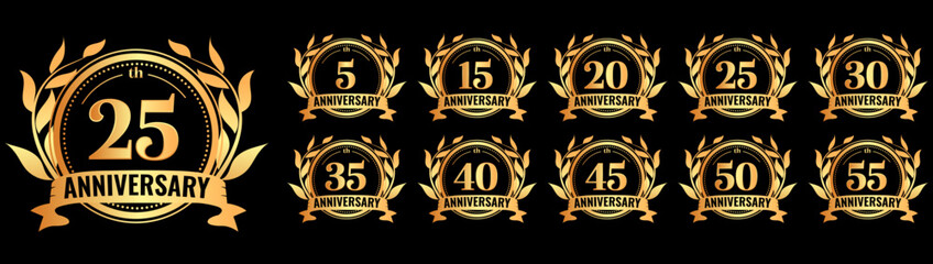 Fototapeta premium Gold Anniversary Badges 5, 15, 20, 25, 30, 35, 40, 45, 50, 55 Luxury Collection