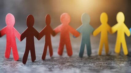 Cooperative community cultural wooden person A row colorful person cutout holding hand to convey and inclusion upbeat and hopeful tone