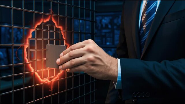 Cybersecurity breach firewall patch forensics executive patching glowing lattice breach to secure network with urgent focus and determined expression