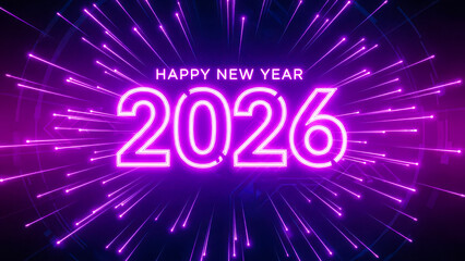 Happy New Year 2026 Neon Light Text with Futuristic Glow and Firework Rays | Celebration Background