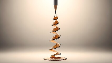 A pencil tip carves a continuous spiral of wood shavings, suspended in mid-air before collecting on the surface below.