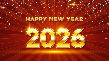 Happy New Year 2026 Golden Text with Sparkles and Red Background | Festive Celebration Design