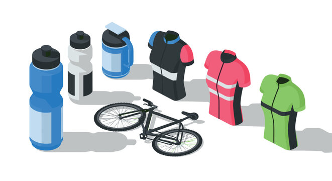 Cycling gear and water bottles in isometric style with colorful jerseys and bicycle