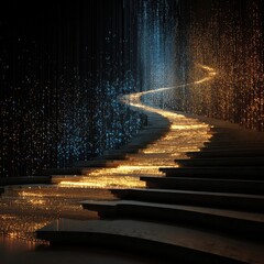 Dark staircase ascending with a winding path of golden sparkling lights