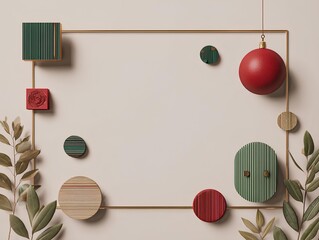 Minimal holiday background featuring a thin gold rectangular frame, red hanging ornament, geometric shapes, and botanical leaves on a beige backdrop with large copy space.