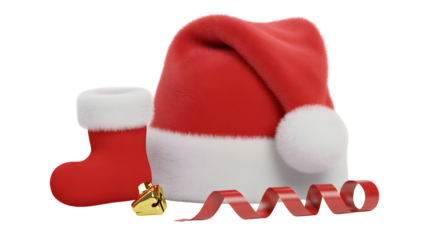 A festive collection of Christmas-themed items including a Santa hat, a small red stocking, a golden bell, and a red ribbon.
