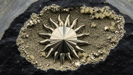 A striking sunburst pattern formed by metallic mineral crystals embedded within a dark rough rock matrix showcasing nature s intricate geological artistry