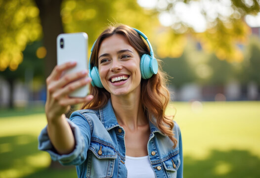 Smiling young woman enjoying music while wearing headphones, taking a selfie with her smartphone as she relaxes in a vibrant park - Powered by Adobe