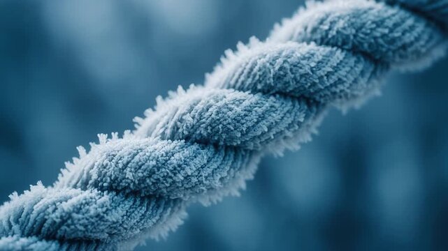 Frost texture rope close-up winter detailed visual conveying crisp cold and intricate icy crystals on twisted fiber with moody blue background
