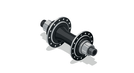 Isometric bicycle hub component with black and silver design on white background