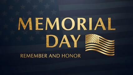 Memorial day golden glitter text with american flag and patriotic background