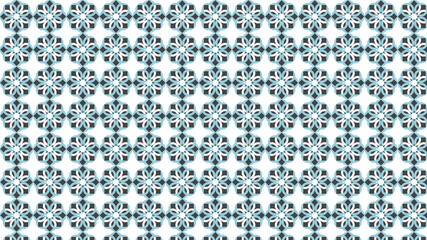 Intricate geometric floral pattern in blue and dark gray on white seamless background