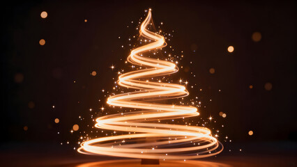 Soft glowing Christmas tree formed by curved beams and tiny sparkles, smooth flowing light spots, noise-free, 4K quality.