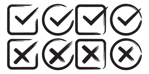 Grunge brush stroke signs. Grunge check mark design Hand drawn check tick mark icon set. x marks, checkboxes, and checklist symbols including right and wrong signs in brush marker style. © HIKE  Studio  1