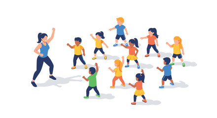 Kids' fitness class: lively group exercise with energetic leader in bright, colorful setting