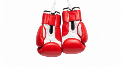 Pair of Red and White Boxing Gloves Hanging by Laces Isolated on White Background