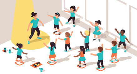 Children's fitness class with instructor in bright room setting