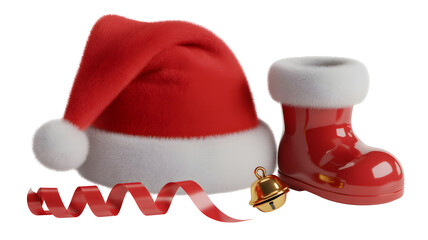 A festive collection of Christmas items including a Santa hat, a red boot, a jingle bell, and a red ribbon.