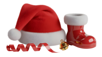 A festive collection of Christmas items including a Santa hat, a red boot, a jingle bell, and a red ribbon.