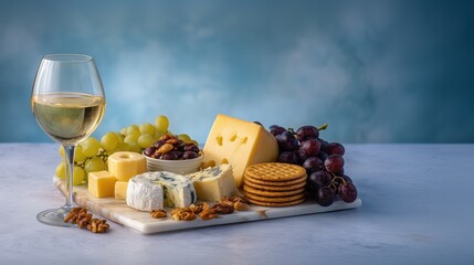 Cheese platter with grapes, crackers, nuts, and a glass of white wine set on a table in a bright setting