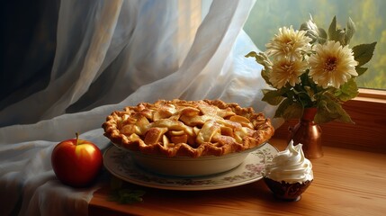 Homemade apple pie sits on a table next to a red apple and a small cup of whipped cream with flowers in a vase against a soft background