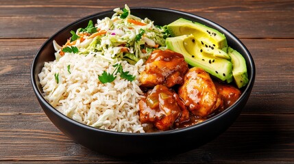 A balanced bowl of rice, coleslaw, avocado, and glazed chicken teriyaki creates a colorful and healthy meal displayed on a dark wooden table top background.