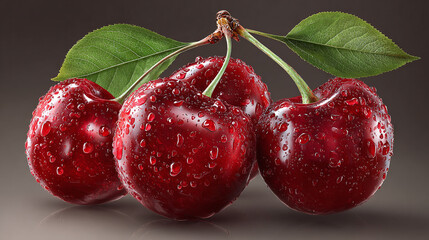 Close-up of three ripe cherries with water droplets, showcasing freshness and succulence