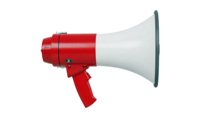 A vibrant red megaphone isolated for announcements and public speaking isolated on transparent background