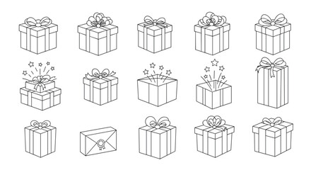 Collection of various gift box and present icons in a dotted line art style perfect for tracing or minimalist holiday designs.