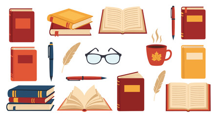 Large collection of reading and writing themed vector elements including books pens glasses a quill and a cup of hot coffee.