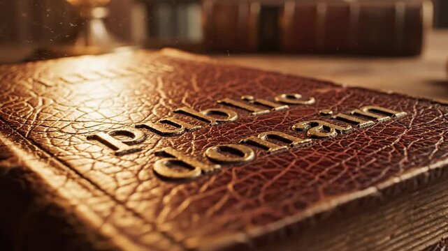 Antique Public Domain Book on Wooden Table with Bookshelf Background.