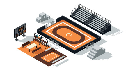 Isometric wrestling arena with scoreboard and bleachers on white background