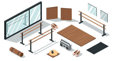 Fototapeta premium Ballet studio isometric design with barres, mirrors, and equipment for dance practice