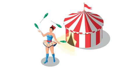 Circus performer juggling in front of striped tent with red and white design