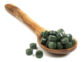Food and Health - Spirulina Pills on white Background