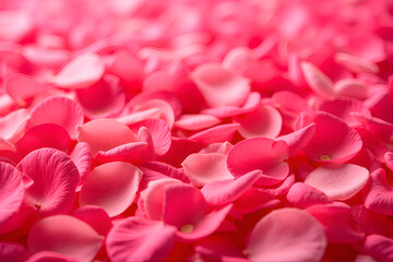 Obraz premium dense rose petals texture with delicate full-frame red and pink petals, illuminated by soft warm light, evoking a romantic atmosphere,