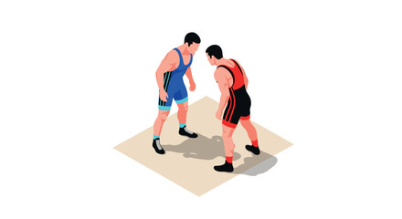 Isometric wrestlers preparing to grapple on wrestling mat