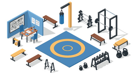 Modern isometric gym equipment set with weights, exercise mat, and fitness accessories