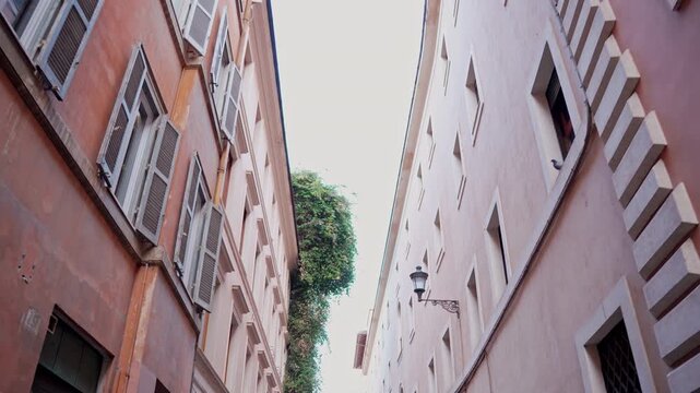 Apartment Buildings On European Street In Old City, Historic Rome Facade View