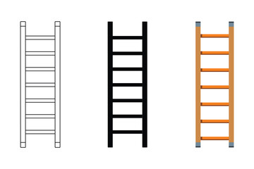 Set of three ladders outline, silhouette, and colored wooden ladder