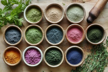 Exotic superfood powders in various colors arranged in small bowls on wooden surface with fresh herbs and wooden pestle, showcasing natural health ingredients and vibrant textures