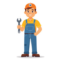 Cartoon Plumber Holding a Wrench Ready for Work.
