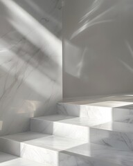 Elegant White Marble Staircase Podium for Product Display, Sunlight and Shadow Play - Premium Aesthetic Background.