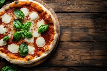 Margherita pizza with melted cheese and fresh basil leaves on wooden board, placed on rustic wooden table, showcasing classic Italian dish with vibrant colors and texture