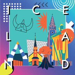 Obraz premium Typography word Iceland branding technology concept. Collection of flat vector web icons. Scandinavia culture travel set, famous architectures, Memphis detailed silhouette European famous landmark